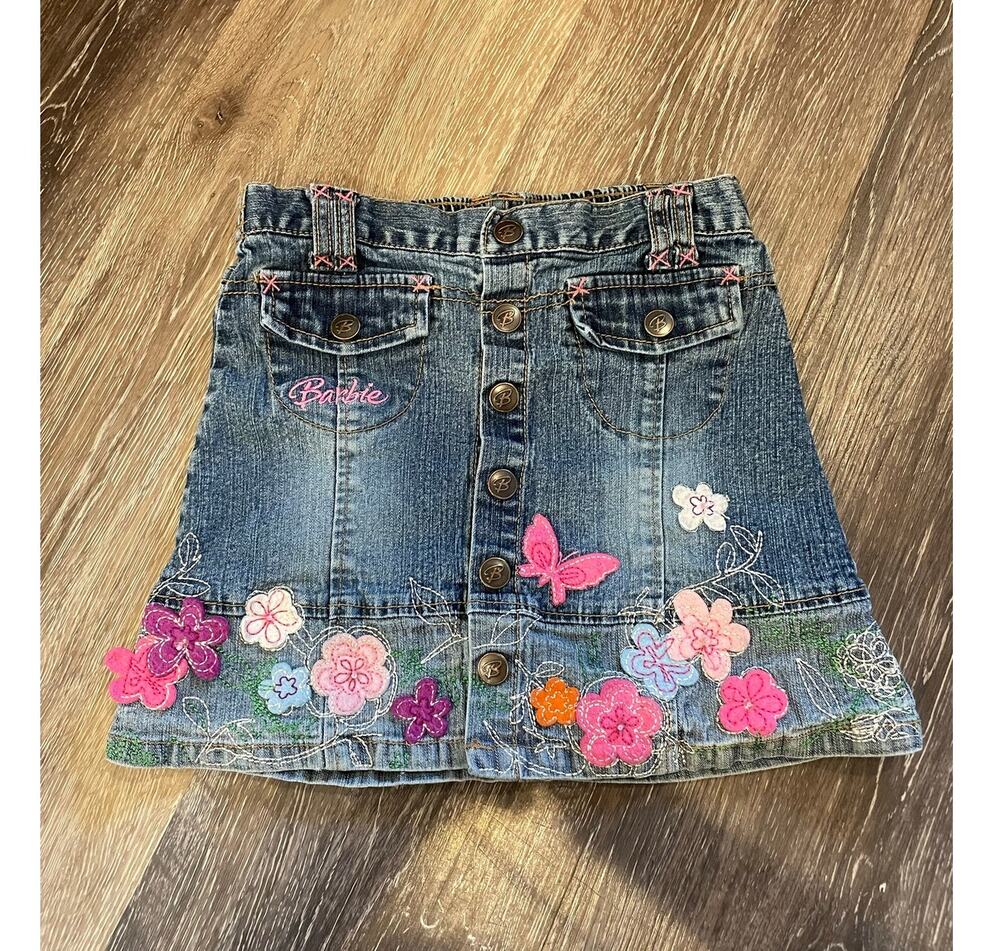 girls vintage barbie denim embroidered mini skirt